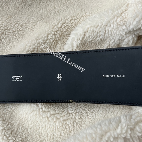 Auth Chanel Silver Metal Embossed Big CC Logo Black Patent Leather Belt -Size 80 - Picture 11 of 16